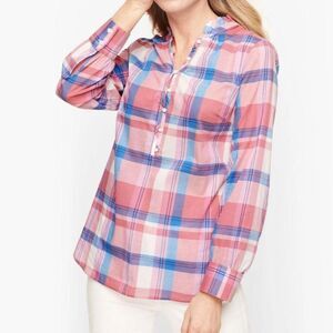 Talbots Bright Pink and Blue Plaid Print Cotton Collarless Long Sleeve Top Sz XL